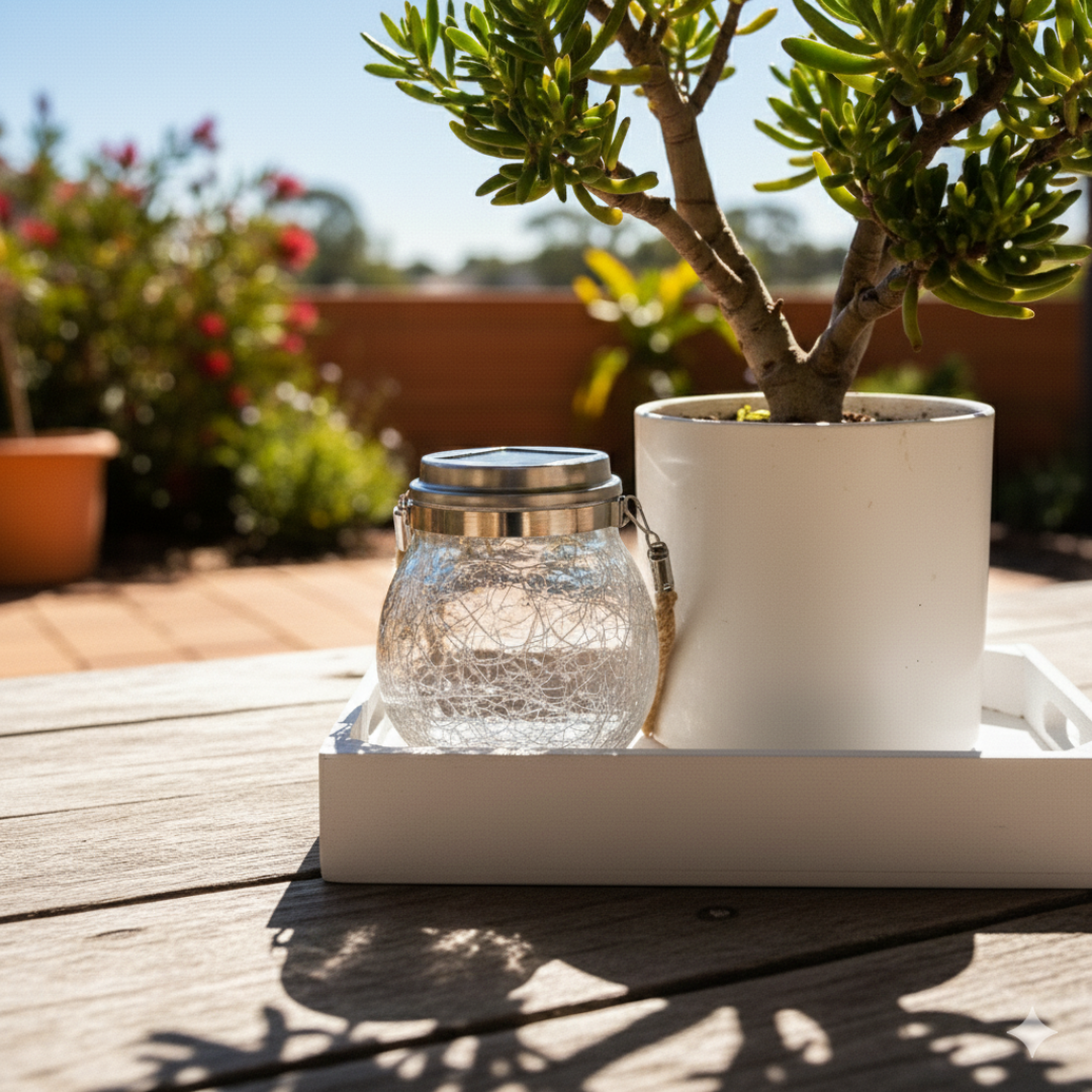 Banksia Glow Jar Lantern — Crackle Glass Solar Light